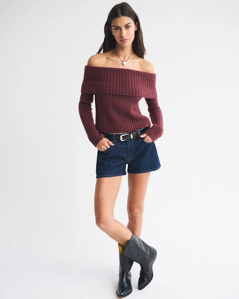 Ribbed Foldover Off-The-Shoulder Sweater