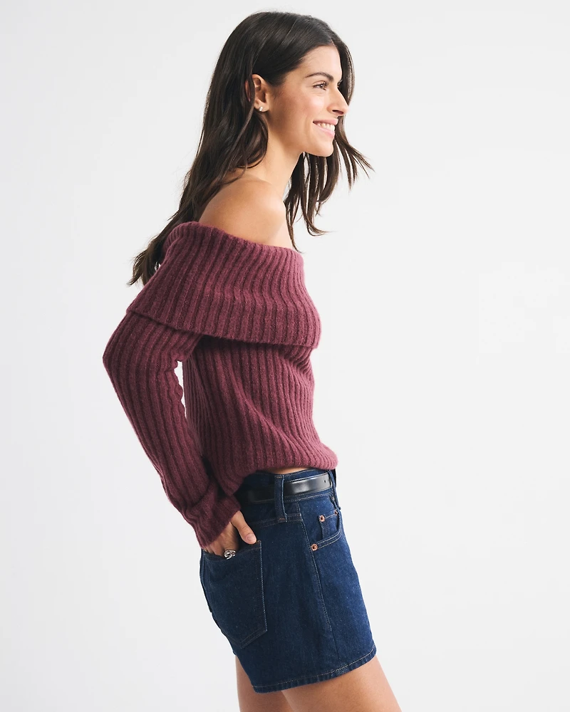 Ribbed Foldover Off-The-Shoulder Sweater