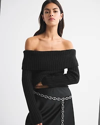 Ribbed Foldover Off-The-Shoulder Sweater