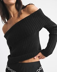 Ribbed Foldover Off-The-Shoulder Sweater