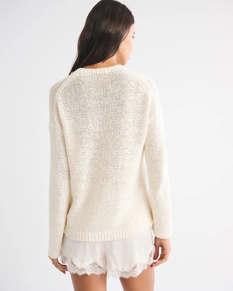 Open-Stitch Textural Crew Sweater