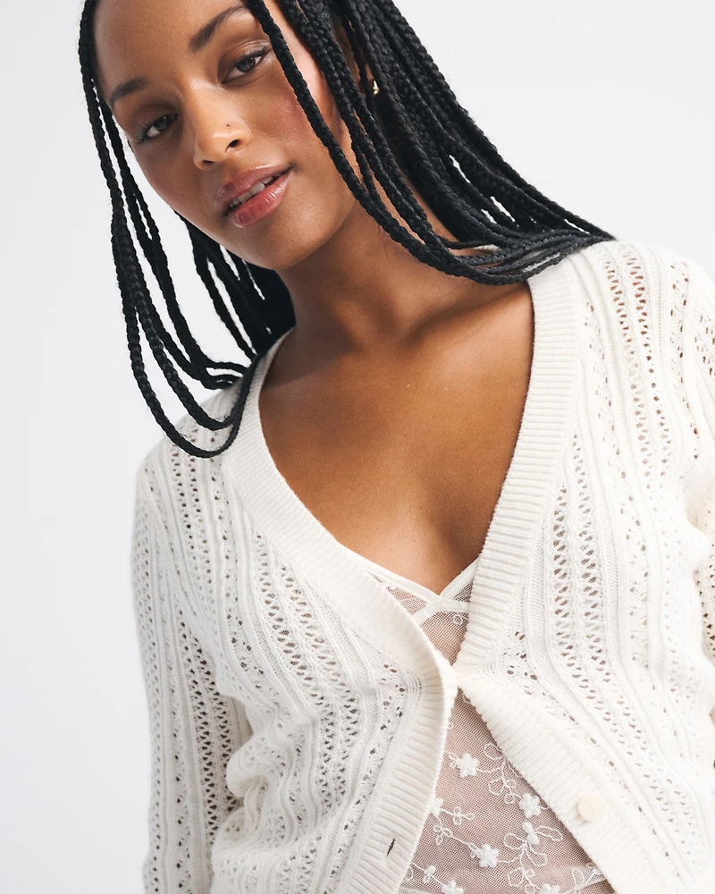 Pointelle Shrunken V-Neck Cardigan