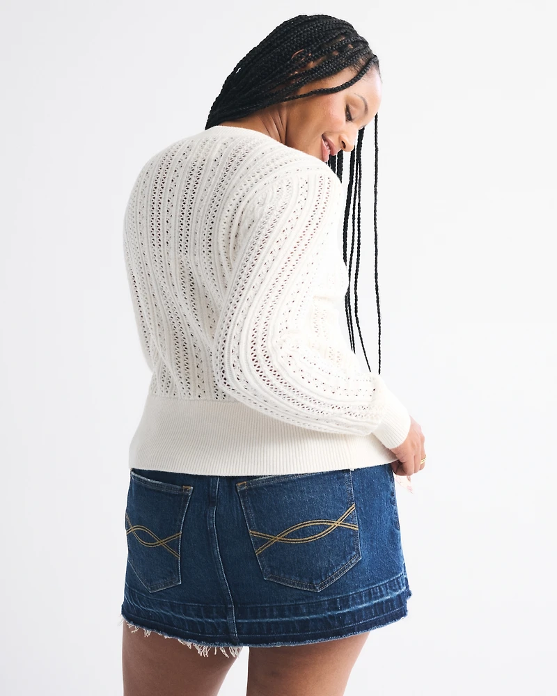 Pointelle Shrunken V-Neck Cardigan