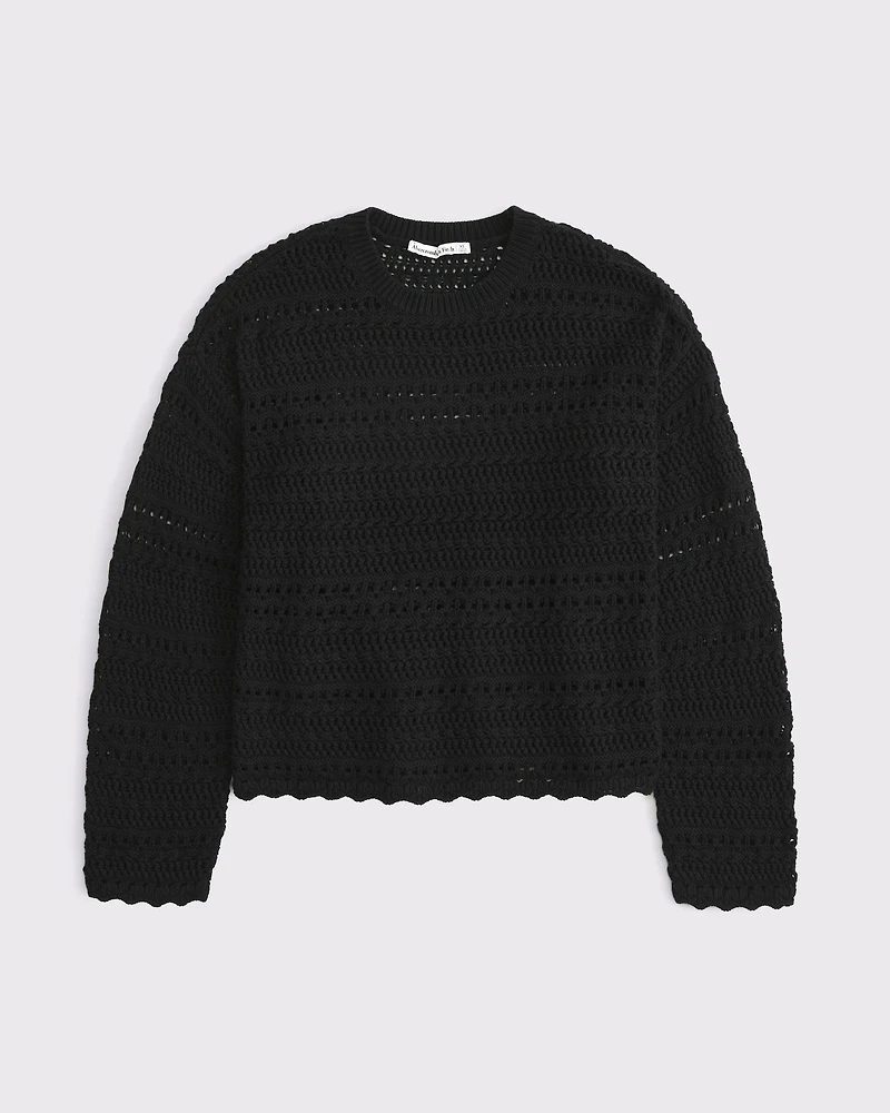 Open-Stitch Textural Crew Sweater