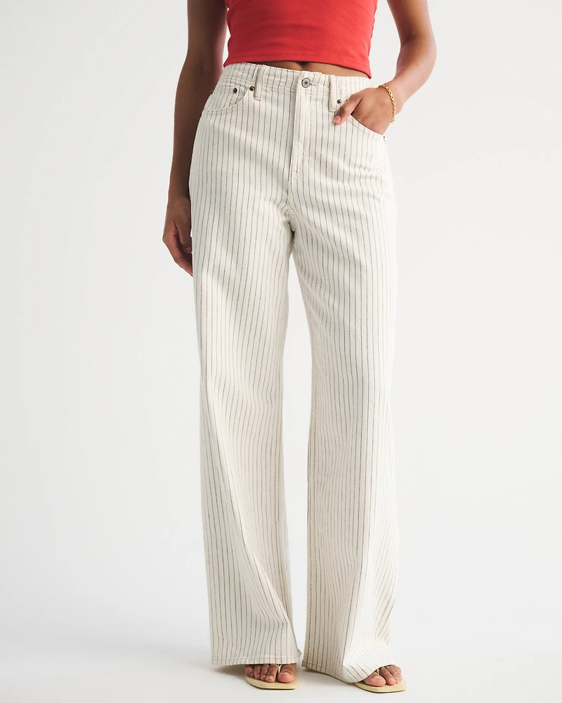 Curve Love Linen-Blend High Rise Wide Leg Striped Jean
