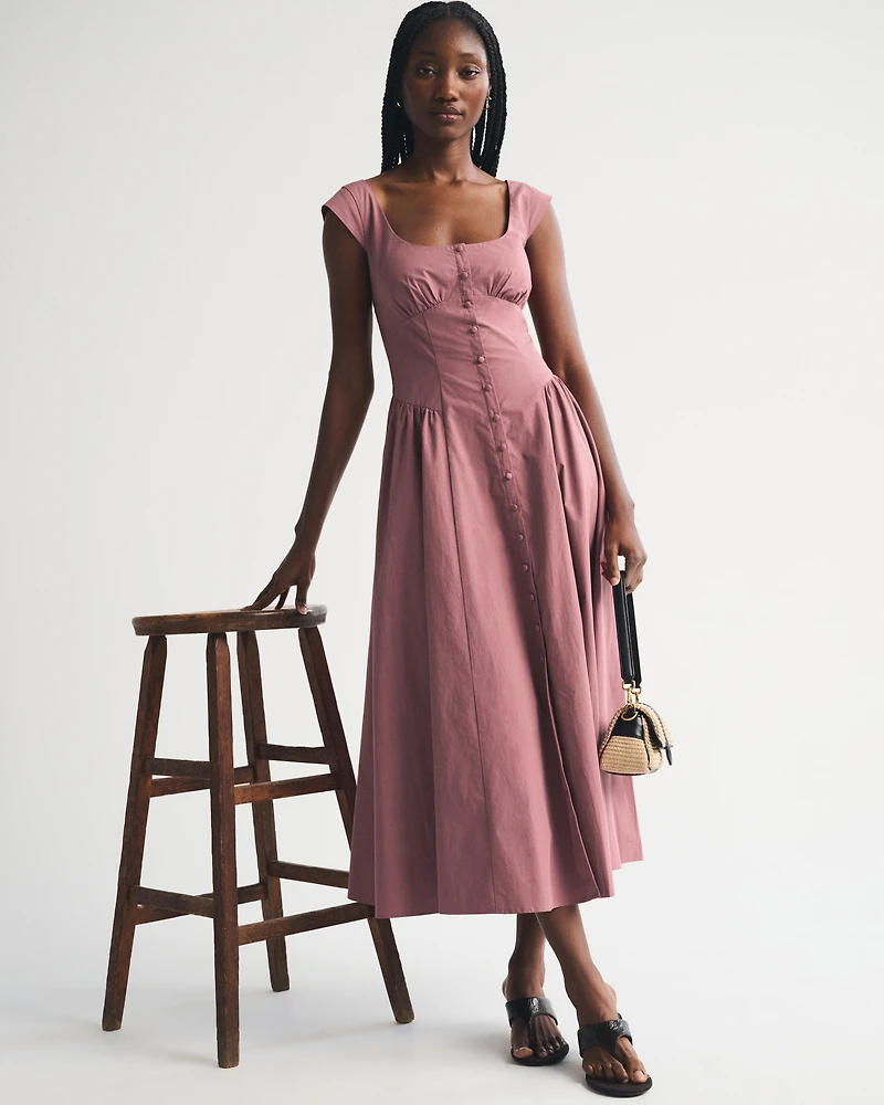 Abercrombie & Fitch 100% Cotton A&F Dylan Bra-Free Cap-Sleeve Midi Dress