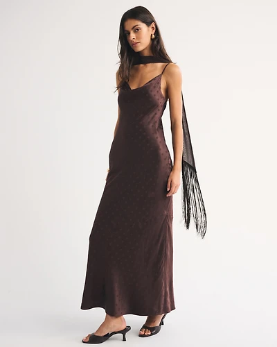 Cowl Neck Scarf Satin Maxi Dress