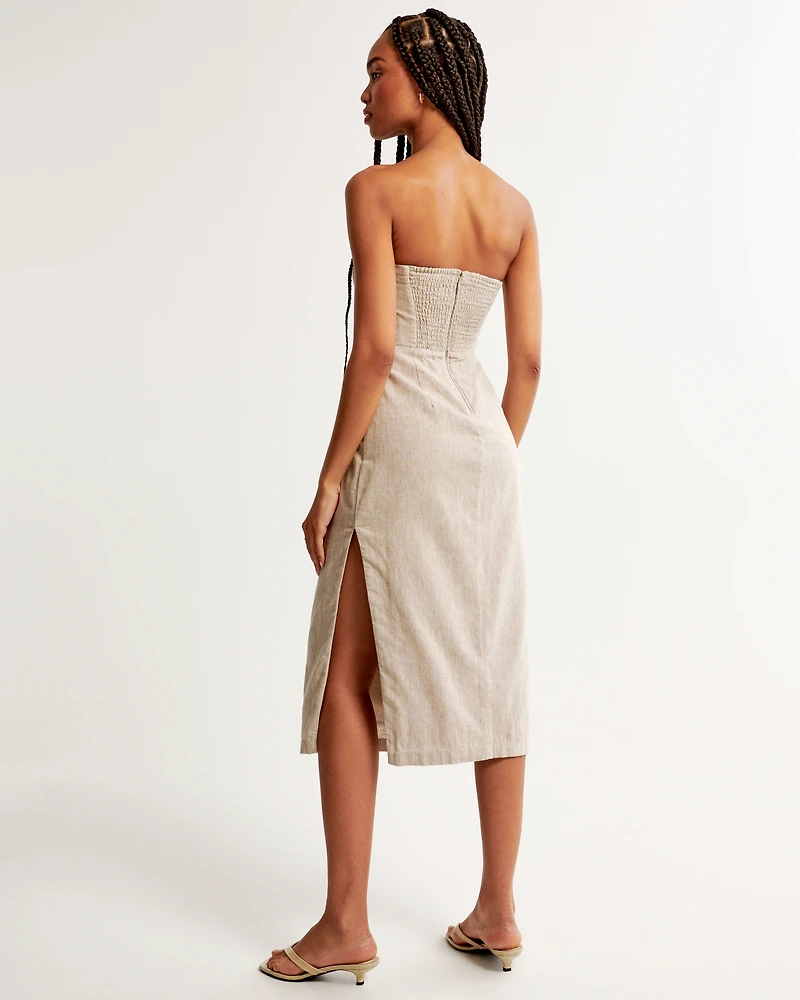 Strapless Linen-Blend Midi Dress