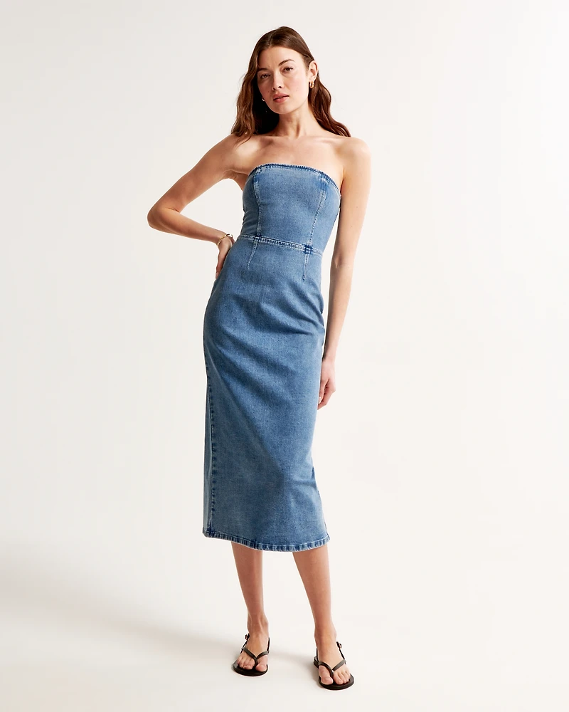 Strapless Denim Midi Dress