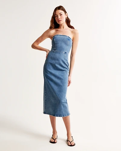 Strapless Denim Midi Dress