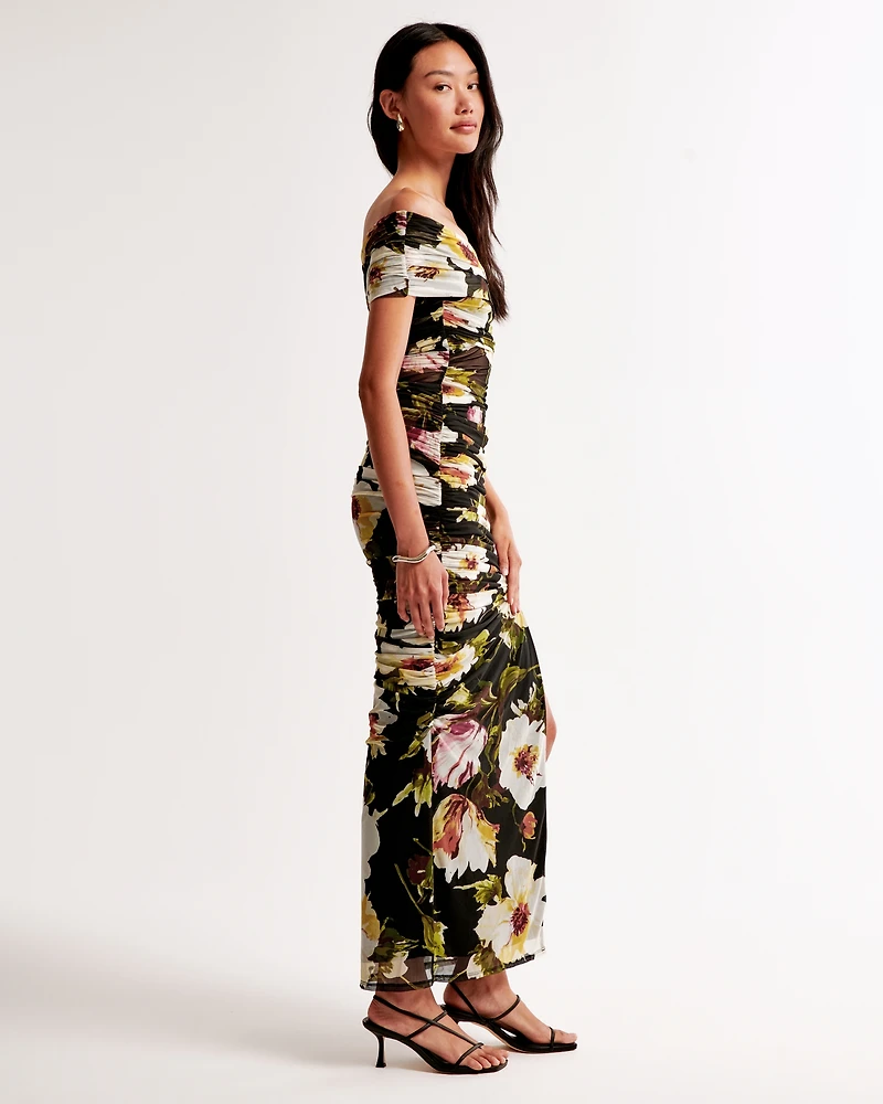 Mesh Asymmetrical Off-The-Shoulder Draped Maxi Dress