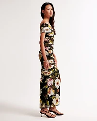 Mesh Asymmetrical Off-The-Shoulder Draped Maxi Dress