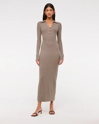 Long-Sleeve Collared Midi Sweater Dress