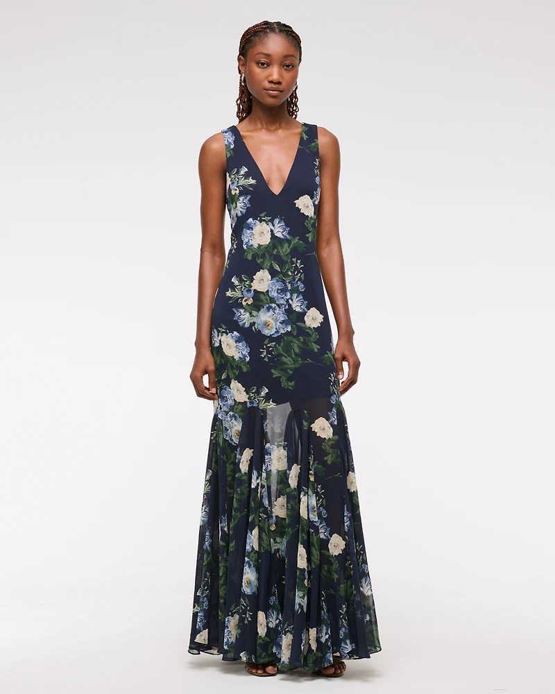 Plunge Godet Skirt Maxi Dress