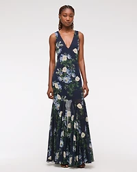 Plunge Godet Skirt Maxi Dress