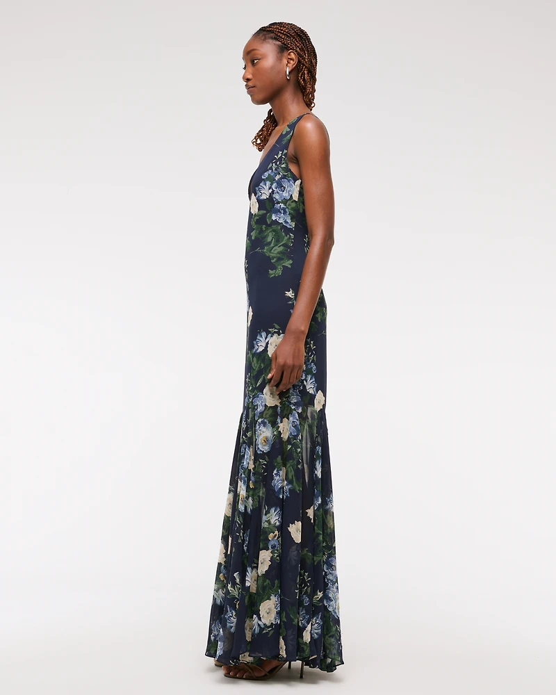 Plunge Godet Skirt Maxi Dress