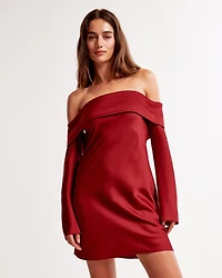 Long-Sleeve Off-The-Shoulder Satin Mini Dress