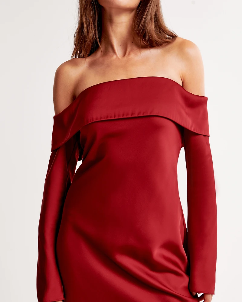 Long-Sleeve Off-The-Shoulder Satin Mini Dress