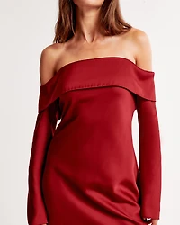 Long-Sleeve Off-The-Shoulder Satin Mini Dress