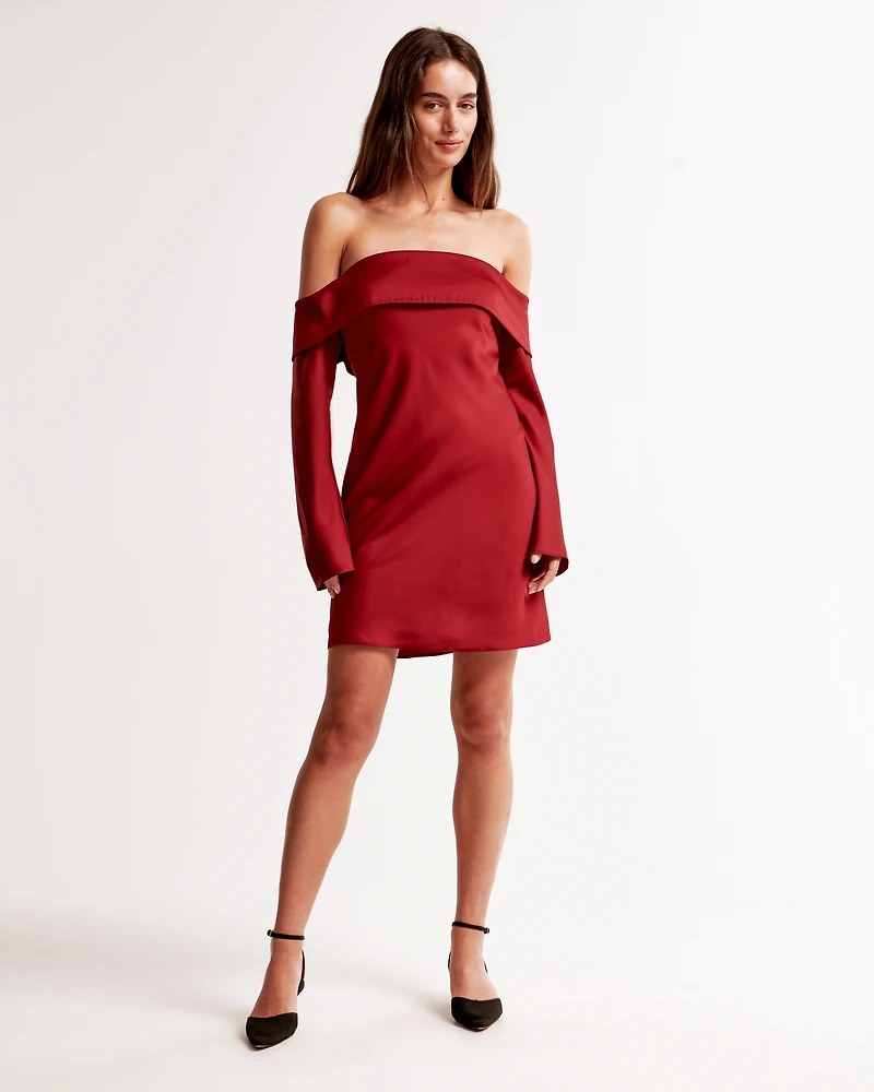 Long-Sleeve Off-The-Shoulder Satin Mini Dress