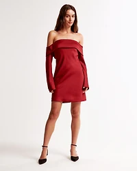 Long-Sleeve Off-The-Shoulder Satin Mini Dress