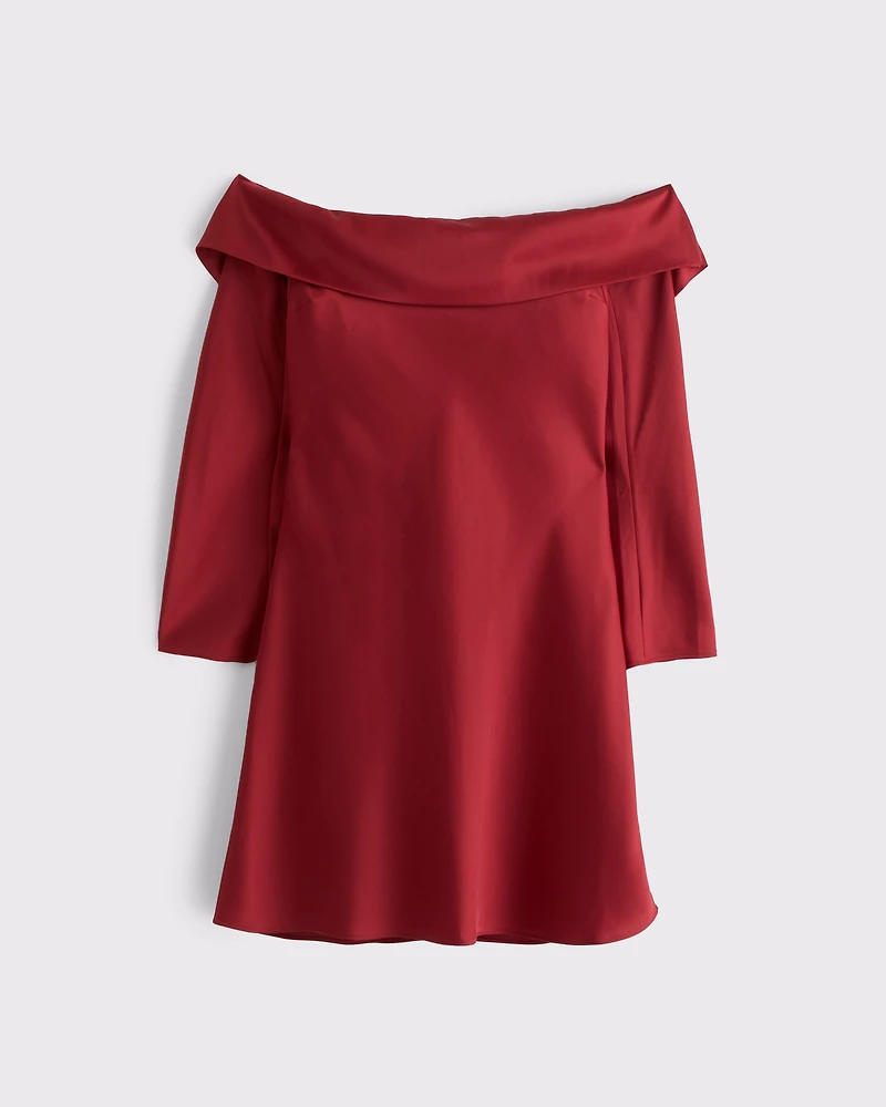 Long-Sleeve Off-The-Shoulder Satin Mini Dress