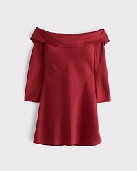 Long-Sleeve Off-The-Shoulder Satin Mini Dress