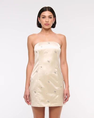 Satin Embellished Strapless Mini Dress