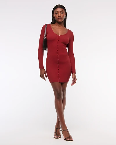 Long-Sleeve Deep-V Mini Sweater Dress