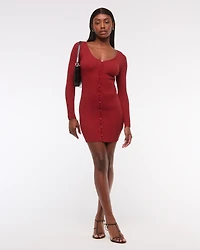 Long-Sleeve Deep-V Mini Sweater Dress