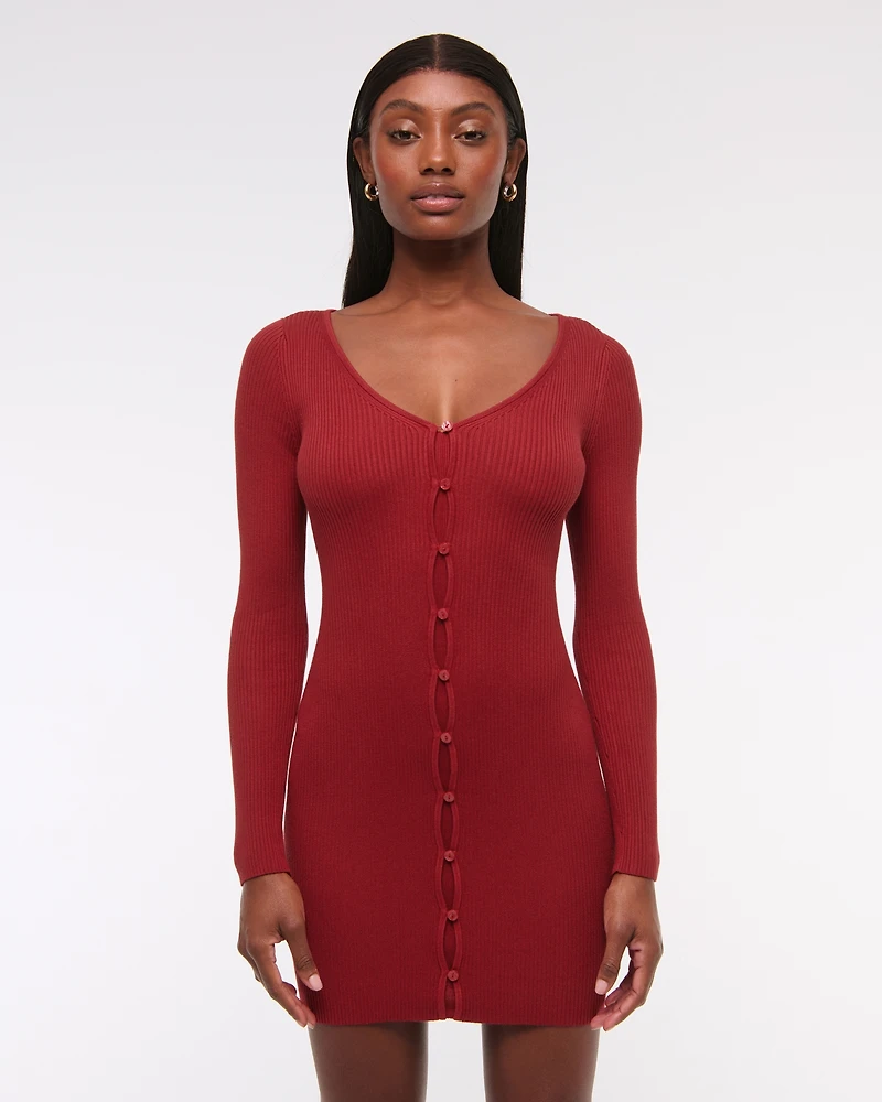 Long-Sleeve Deep-V Mini Sweater Dress