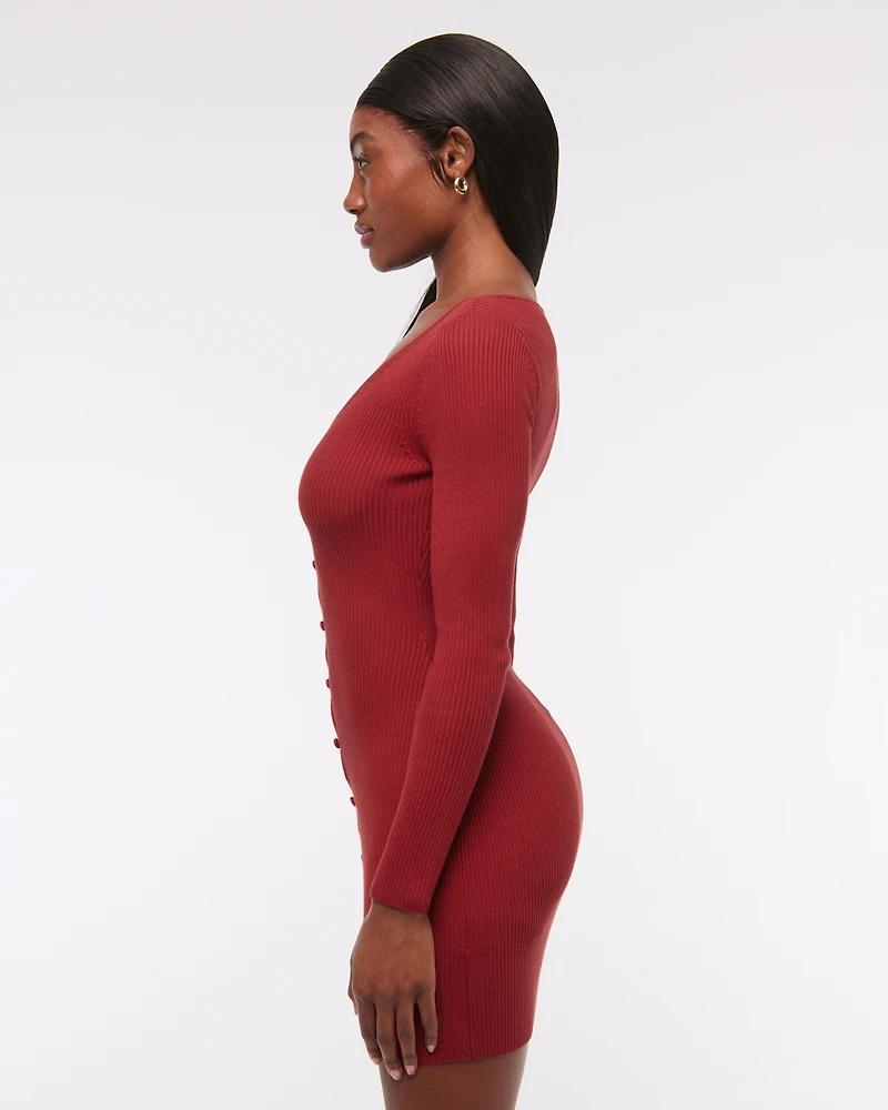 Long-Sleeve Deep-V Mini Sweater Dress