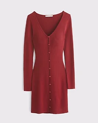 Long-Sleeve Deep-V Mini Sweater Dress