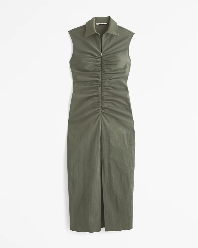 Collared Zip-Up Midi Dress