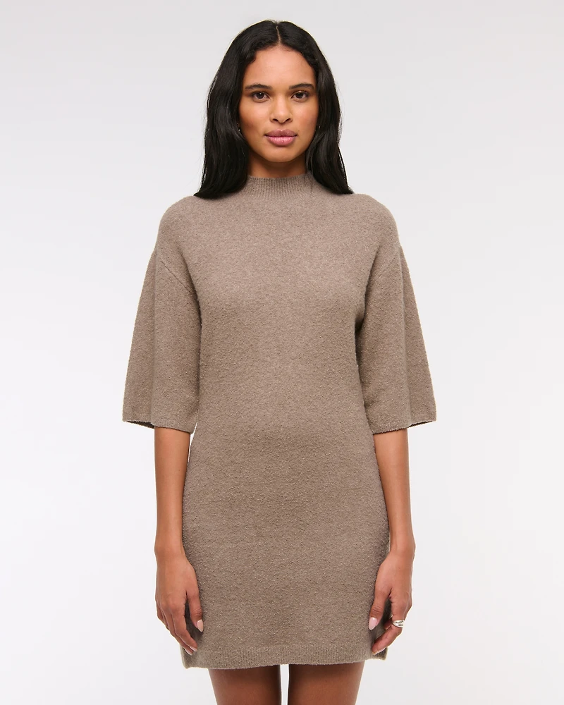 Short-Sleeve Boucle Mini Sweater Dress