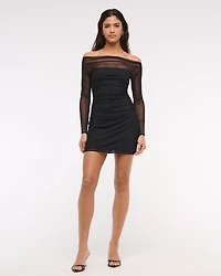 Off-The-Shoulder Mesh Mini Dress