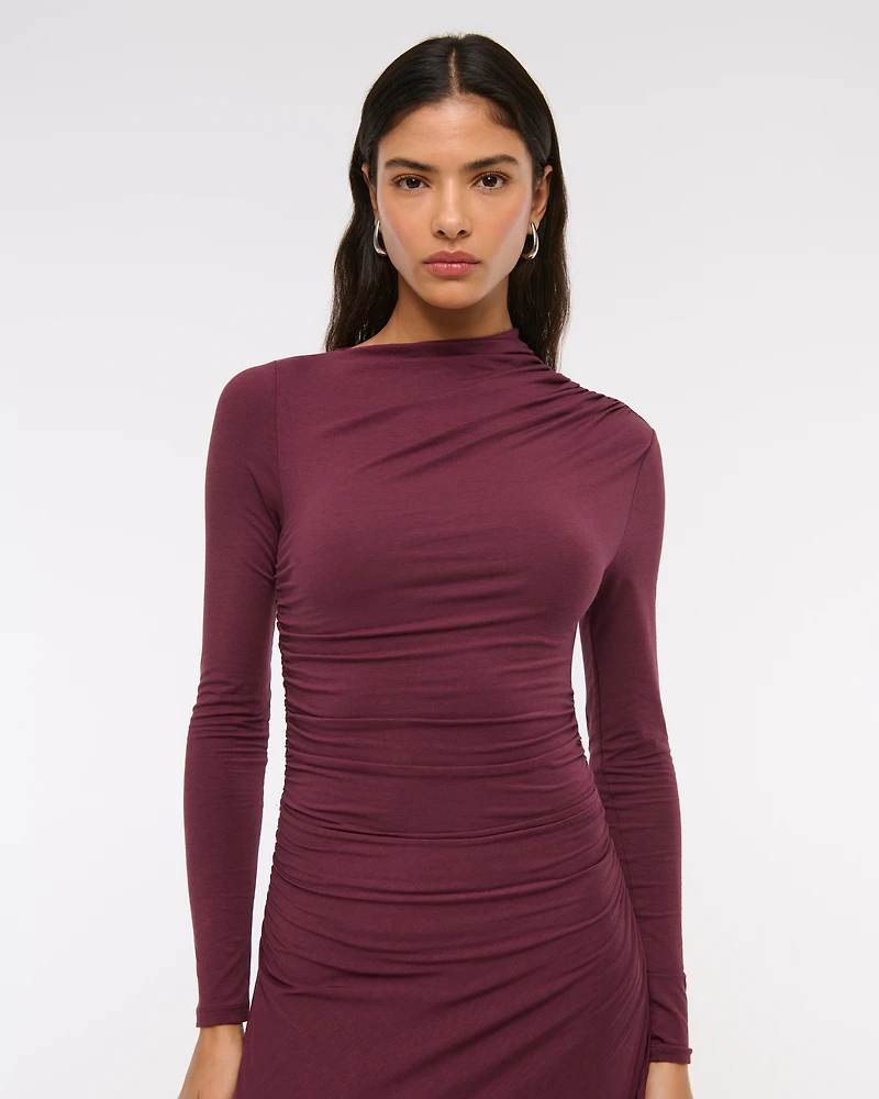 Long-Sleeve Draped Knit Maxi Dress