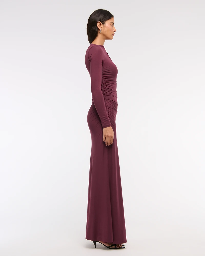 Long-Sleeve Draped Knit Maxi Dress