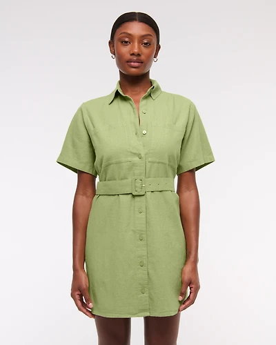 Belted Linen-Blend Mini Shirt Dress