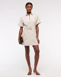 Belted Linen-Blend Mini Shirt Dress