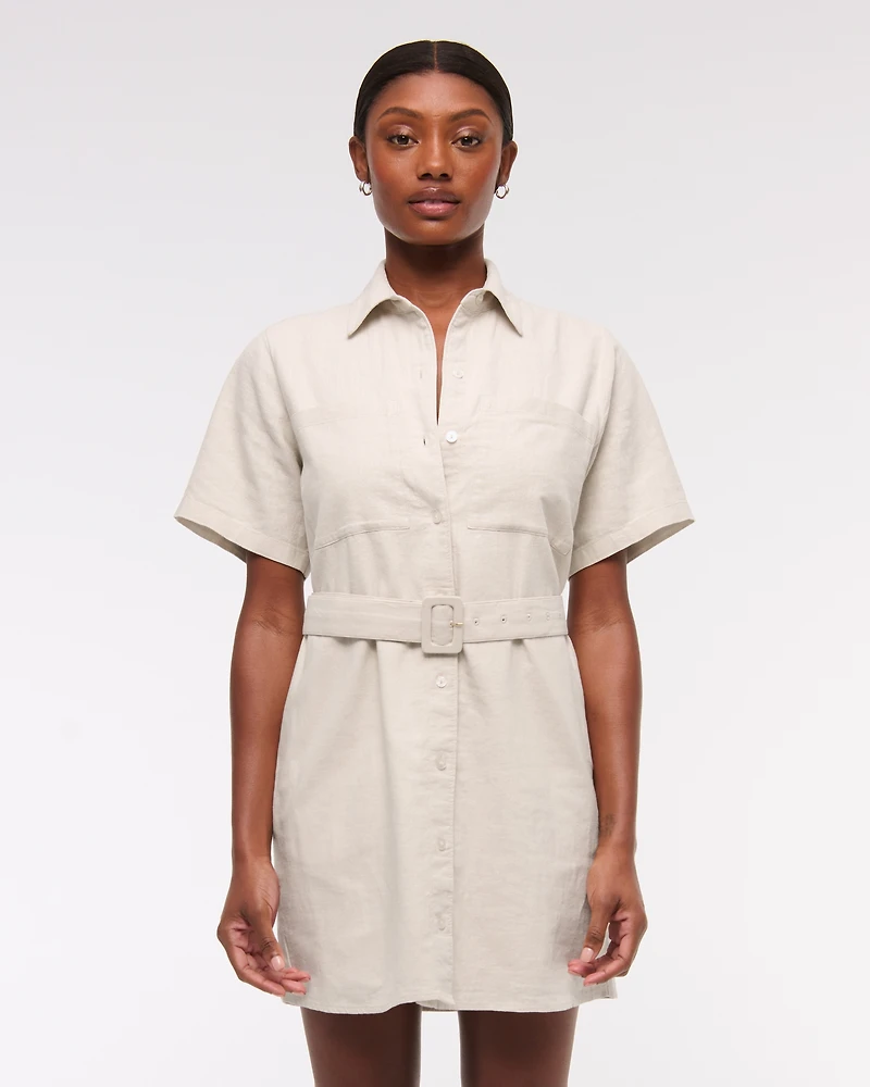 Belted Linen-Blend Mini Shirt Dress
