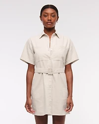 Belted Linen-Blend Mini Shirt Dress