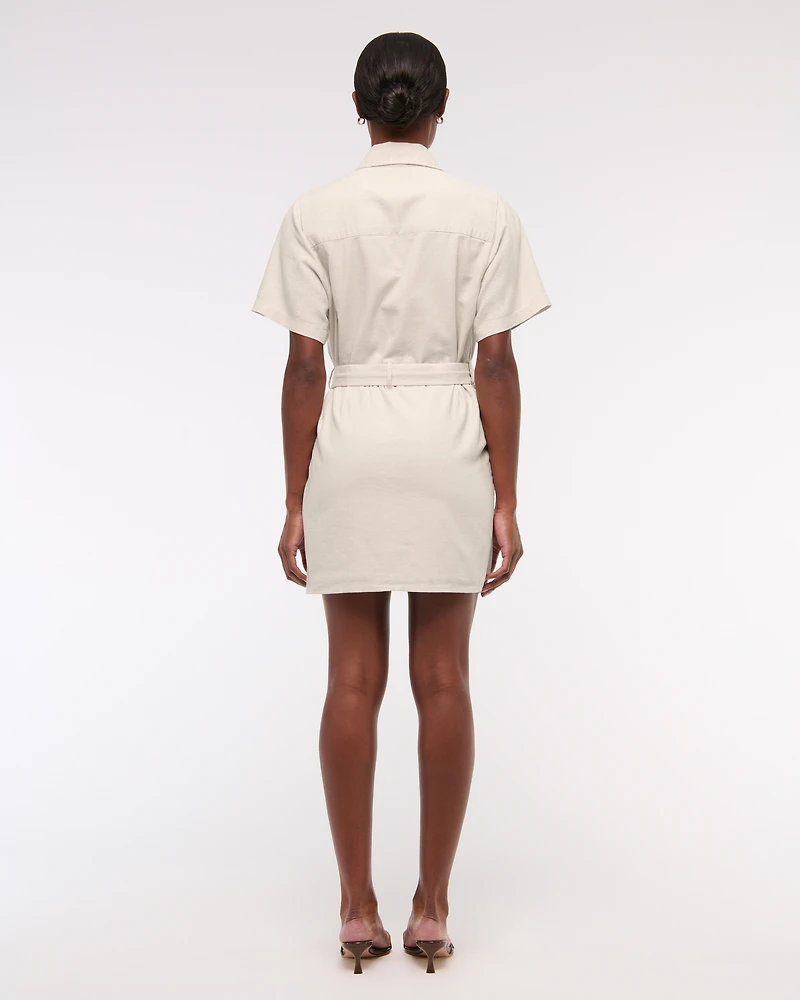Belted Linen-Blend Mini Shirt Dress