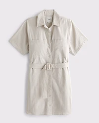 Belted Linen-Blend Mini Shirt Dress