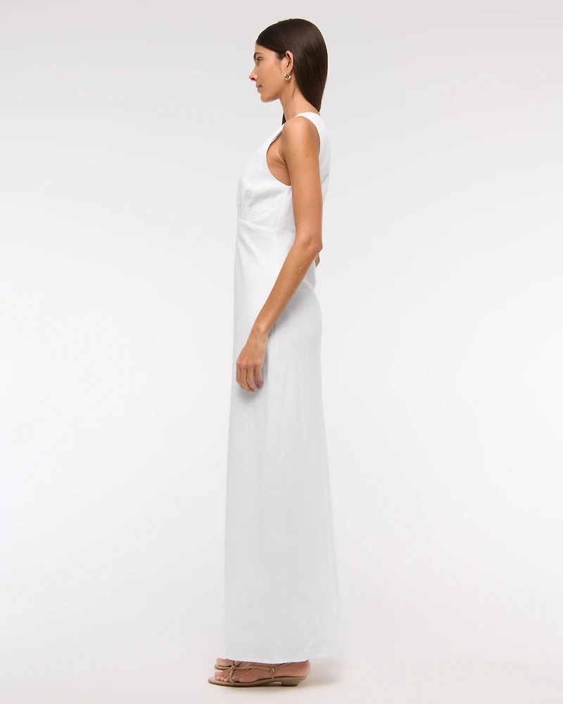 Beaded Plunge Linen-Blend Maxi Dress