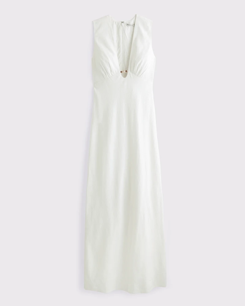 Beaded Plunge Linen-Blend Maxi Dress