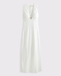 Beaded Plunge Linen-Blend Maxi Dress
