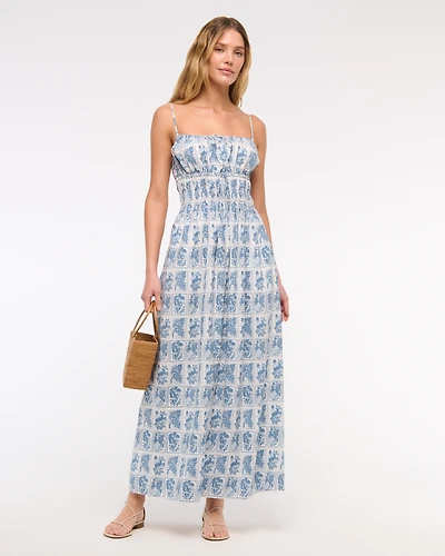 Smocked Tie-Front Maxi Dress
