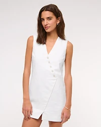 Linen-Blend V-Neck Button Mini Dress