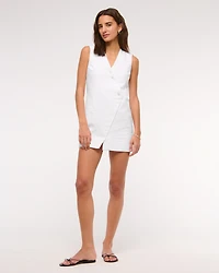 Linen-Blend V-Neck Button Mini Dress